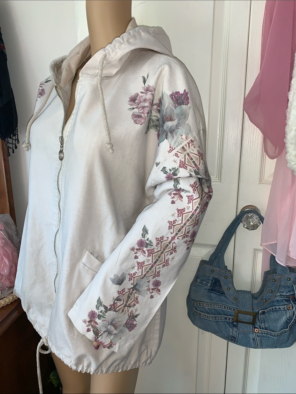 Vtg 90s Italian hooded floral cotton light jacket L - Picture 5 of 11